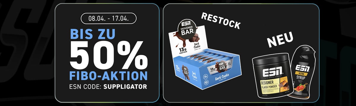 Promozione ESN FIBO con sconti fino al 50% e rifornimenti di prodotti di punta come il Designer Bar Dark Cookie
