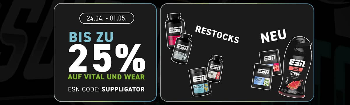 Sconto del 20% sulla promozione ESN sui nutrienti essenziali + 25% sull’abbigliamento ESN