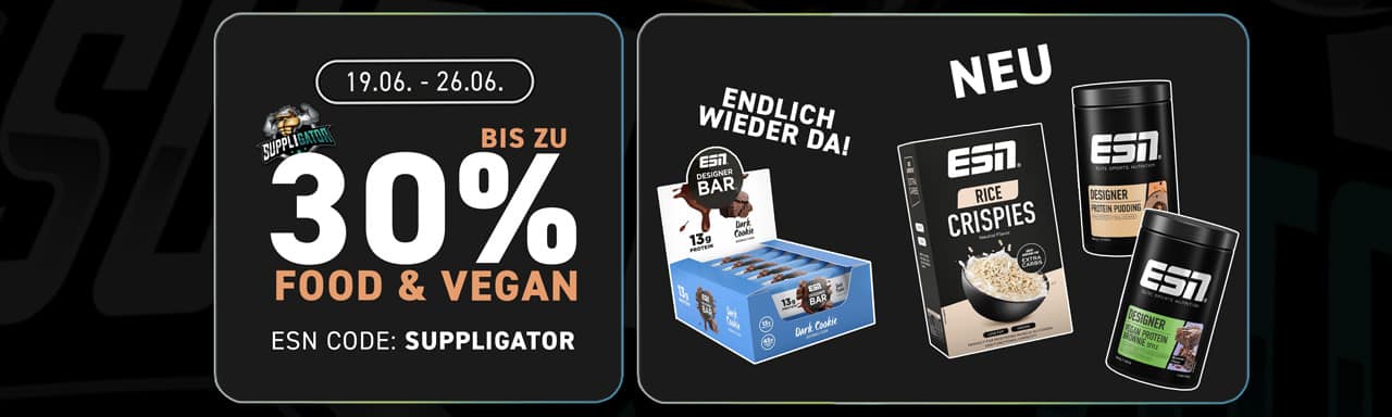 Sconto fino al 30% con la promozione ESN Food & Vegan + rifornimento della barretta Dark Cookie Designer Bar
