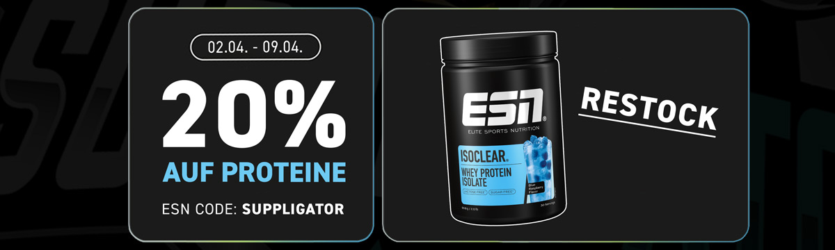 20% di sconto su tutte le proteine ESN + ISOCLEAR per il rifornimento delle scorte